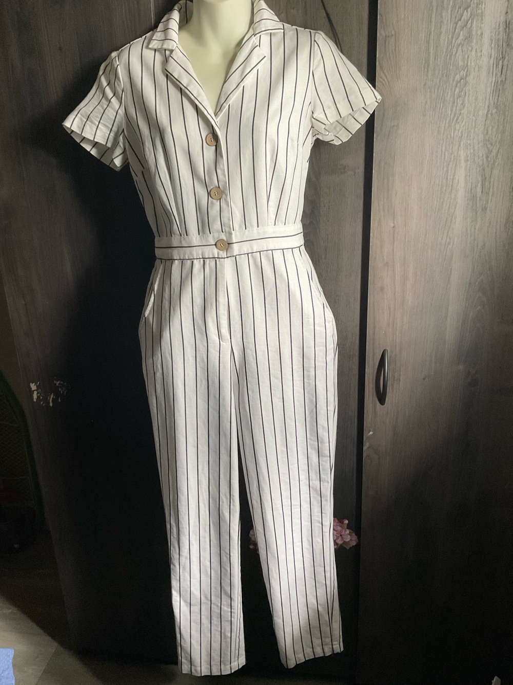 Forever 21 White Jumpsuit with Black Pinstripes